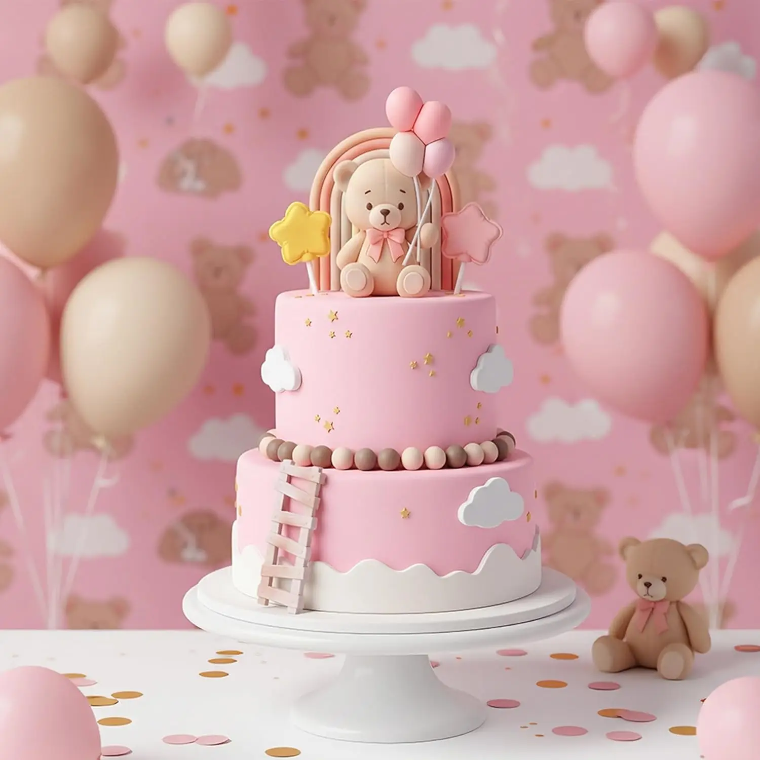 Bären-Kuchendekoration Babybär mit Ballon-Wolke Kuchenaufsatz Rosa Schleife Bär Regenbogen Kuchendeko für Geburtstag Babyparty – Detail 10