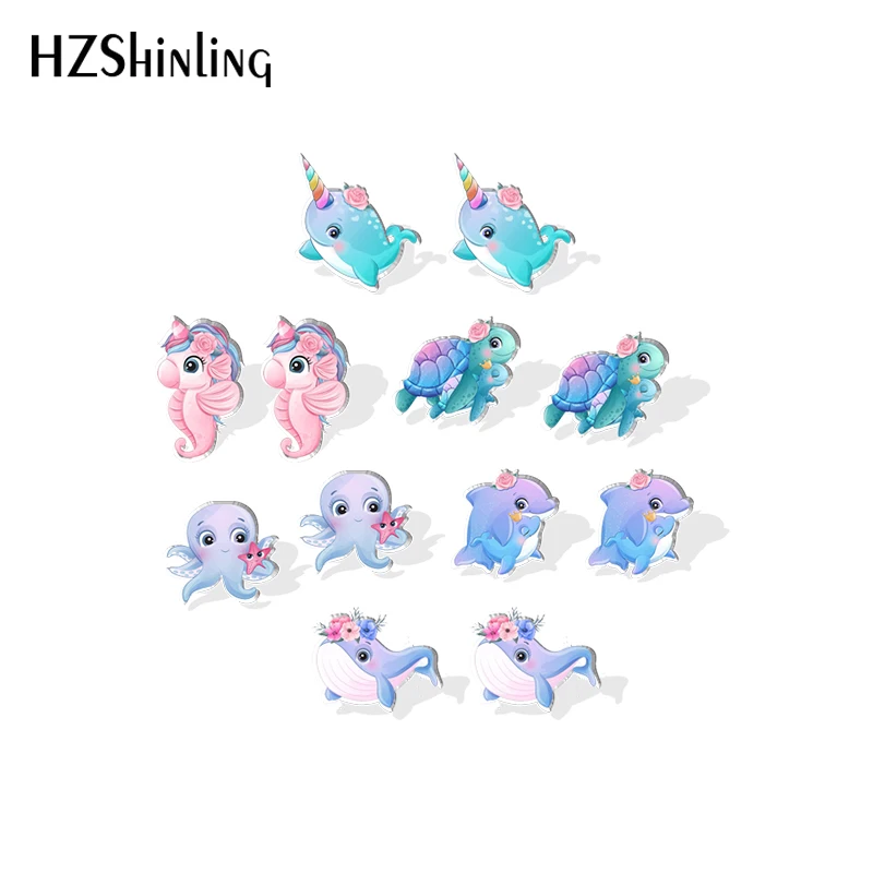 Chubby Cartoon Ocean Blue Animal Dolphin Whale Octopus Seahorse Acrylic Stud Earrings Resin Epoxy Jewelry Earrings for Women