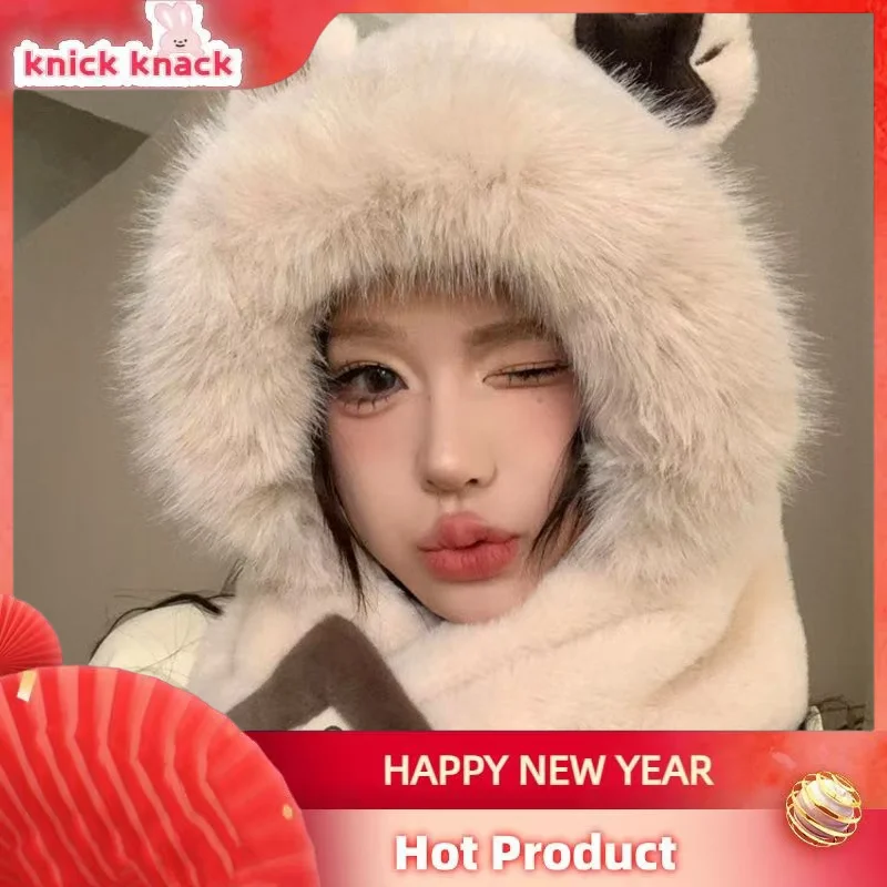 

Cute little bear hat scarf one-piece two-piece set for women's winter with thick velvet, new warm plush hat hooded scarf
