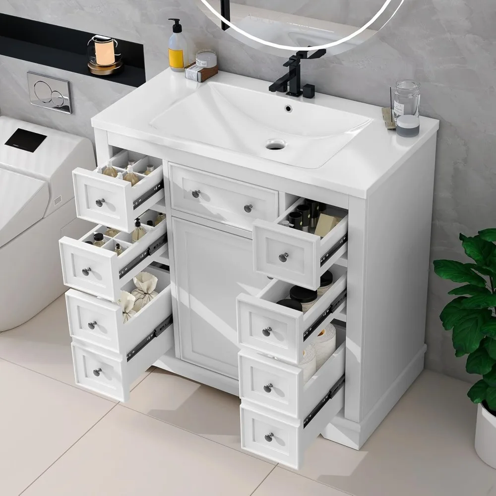 36 inch bathroom vanity with sink, bathroom countertop with 6 drawers and storage cabinet, bathroom cabinet with ceramic basin