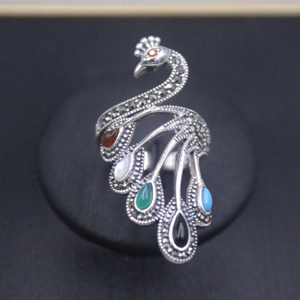 

Real Solid 925 Sterling Silver Band Men Women Lucky Colorful Gem Hollow Peacock Ring