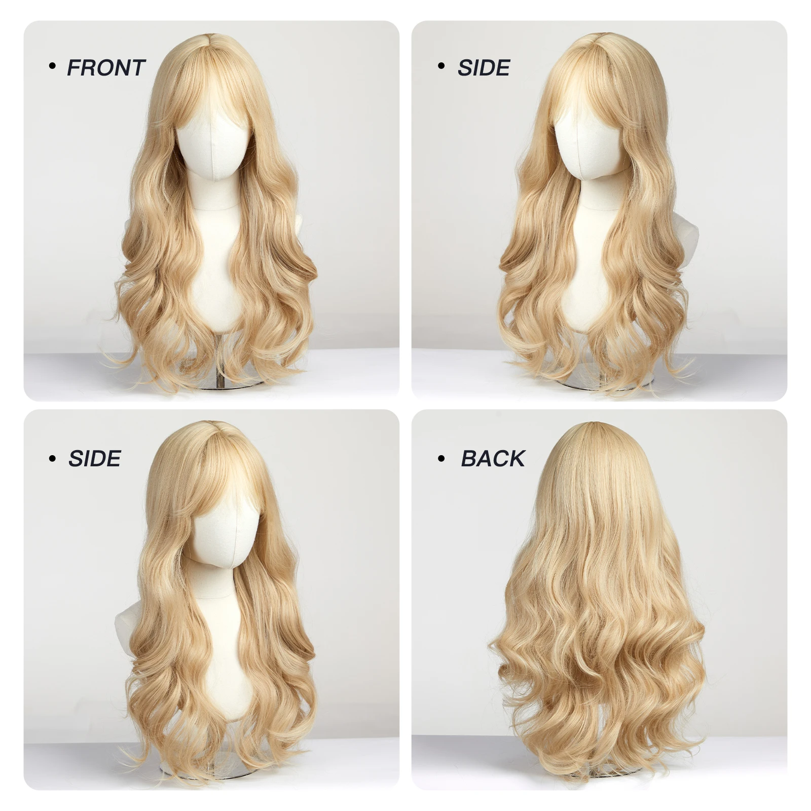 Light Blonde Golden Synthetic Wigs with Bangs Long Water Wavy Cosplay Lolita Natural Hair Wigs for Women Afro Heat Resistant Use