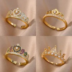 Zircon Crown Rings For Women Stainless Steel Gold Color Vintage Crown Open Ring Wedding Aesthetic Jewelry Gift bijoux femme