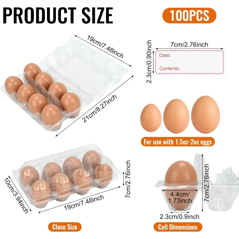 50/100Pcs 8-Count Clear Plastic Egg Cartons with Date Labels - Reusable PET Egg Holders for Farm, Kitchen, Storage & Crafts - Durable, Stackable