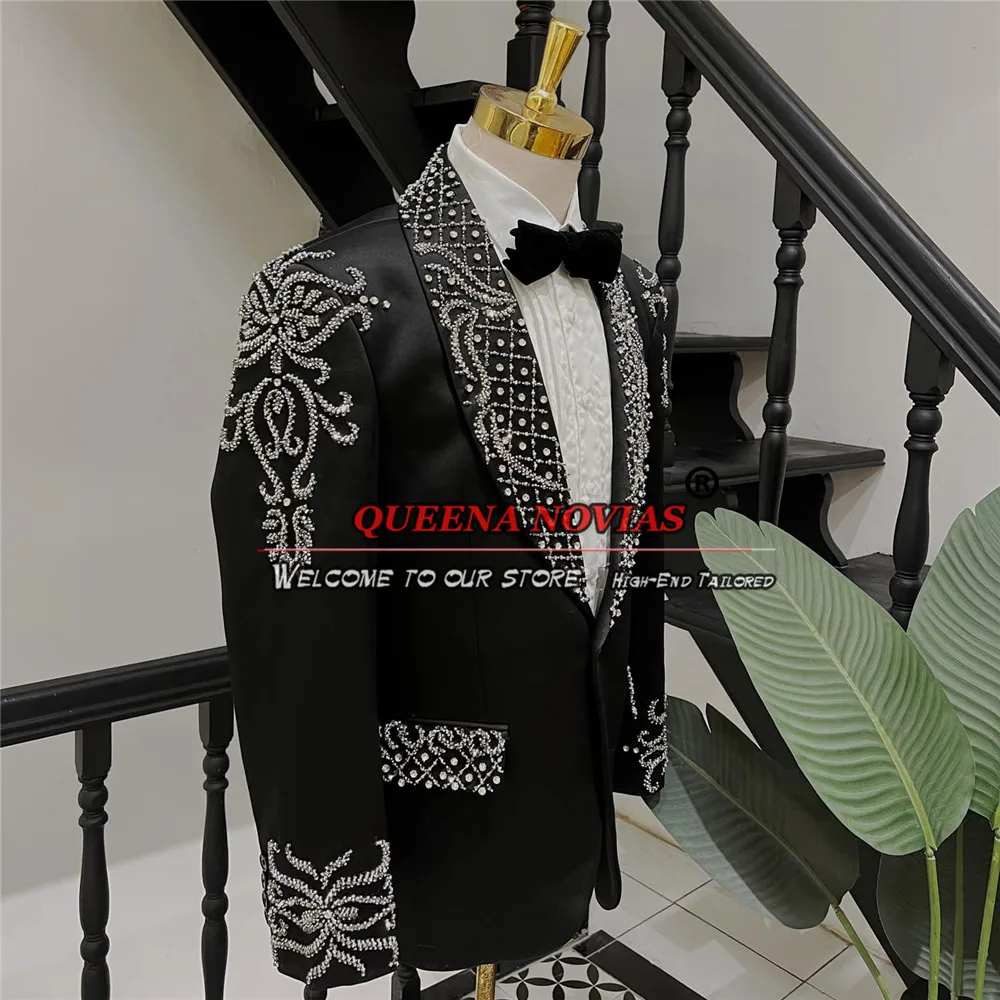 Traje de novio de lujo para hombre, esmoquin de boda con cuentas de cristales, chaqueta hecha a medida, pantalones, Blazer de fiesta de cena de matrimonio, 2 piezas