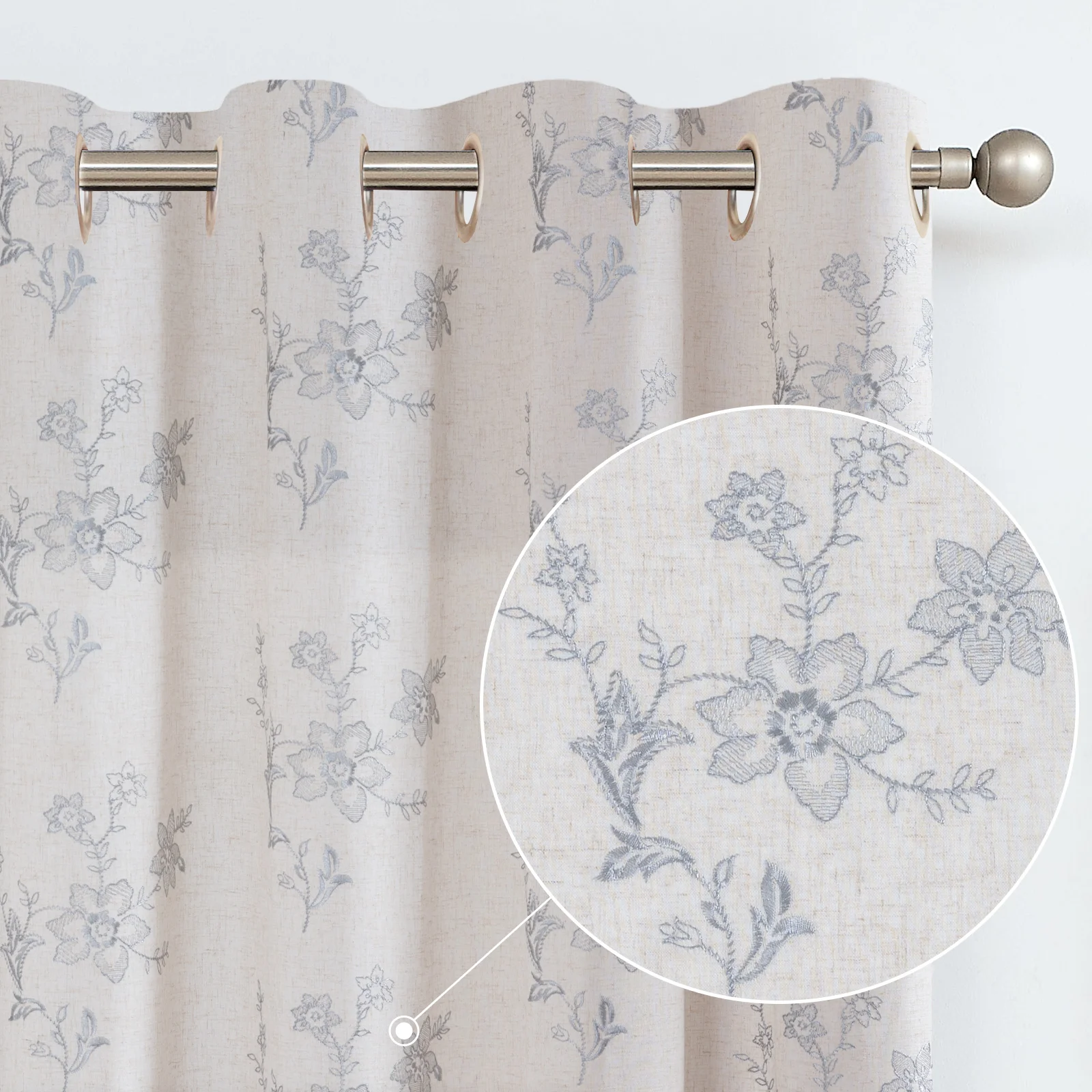 

JINCHAN 1 Panel Floral Embroidered Linen Textured Curtain Drapes for Bedroom Window Curtains for Living Room Bedroom Decoration