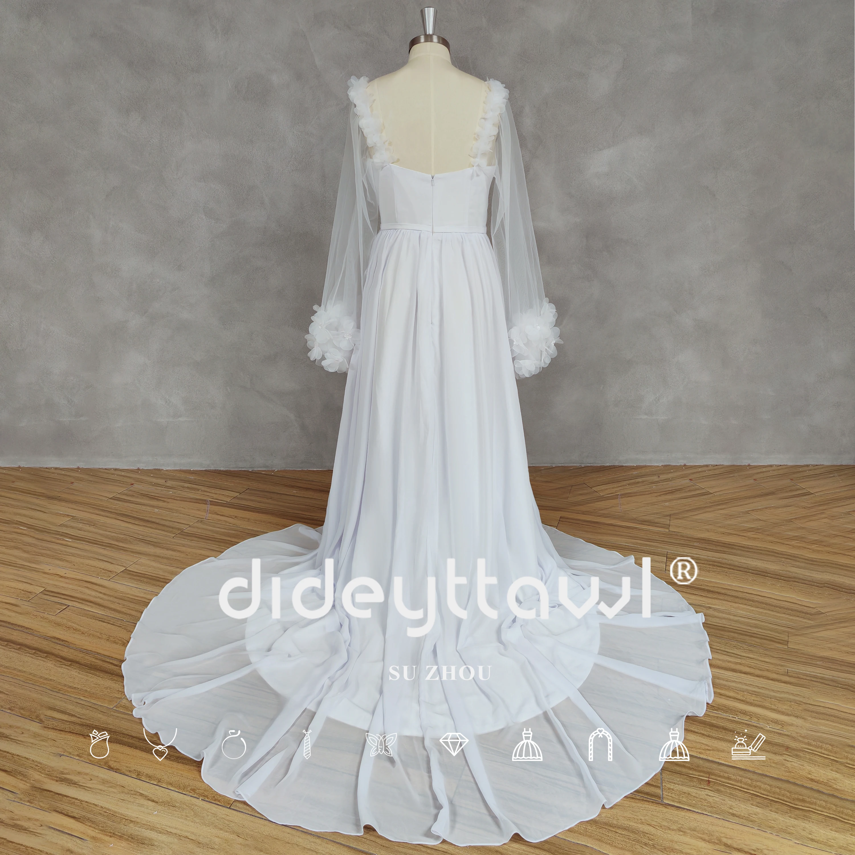 DIDEYTTAWL Real Picture Long Sleeves V-Neck 3D Flowers Wedding Dress Tulle A-Line Zipper Back High Side Slit Court Train