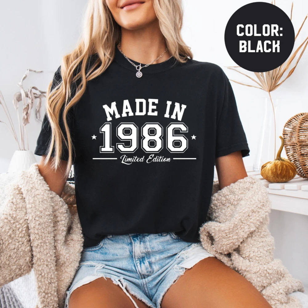 1986 Geburtstags-T-Shirt, Geschenk zum 40. Geburtstag, Made in 1986, Grafik-T-Shirt, limitierte Auflage, Vintage-Geburtstagsgeschenk, Unisex-Baumwoll-Tops