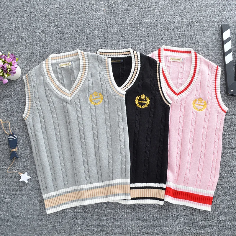 Japanese School Uniform Cosplay Sweater Korean JK Style V-neck Vest with Embroidered Crown Pachwork Color Student Tank Top - Image 2