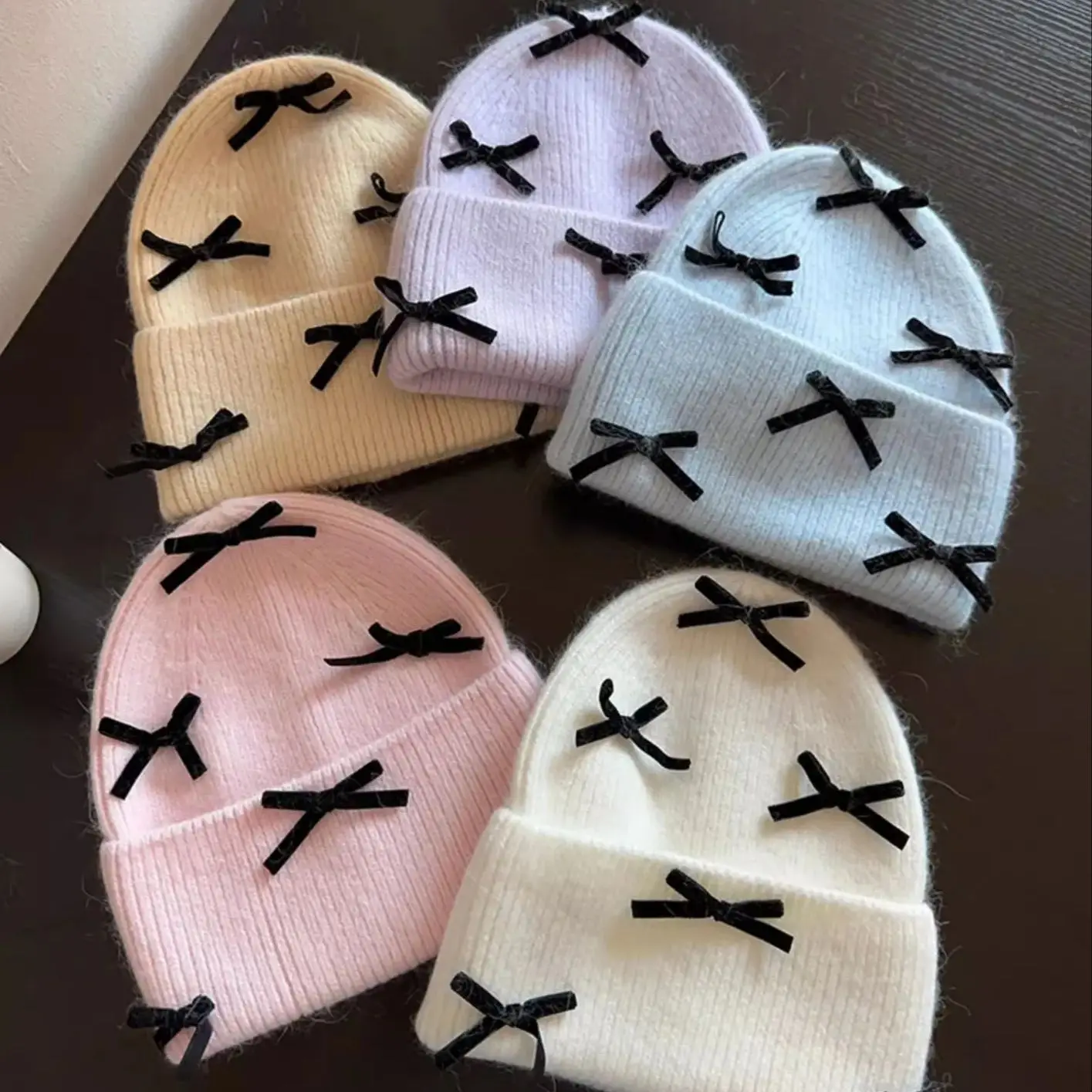 Luxus Kaninchen Fell Gestrickte Hut Frauen Winter Warme Weiche Bowknot Beanie Für Frauen (elegante Einfarbige) |   Gemütliche, mit Pelz gefütterte Baggy-Mütze