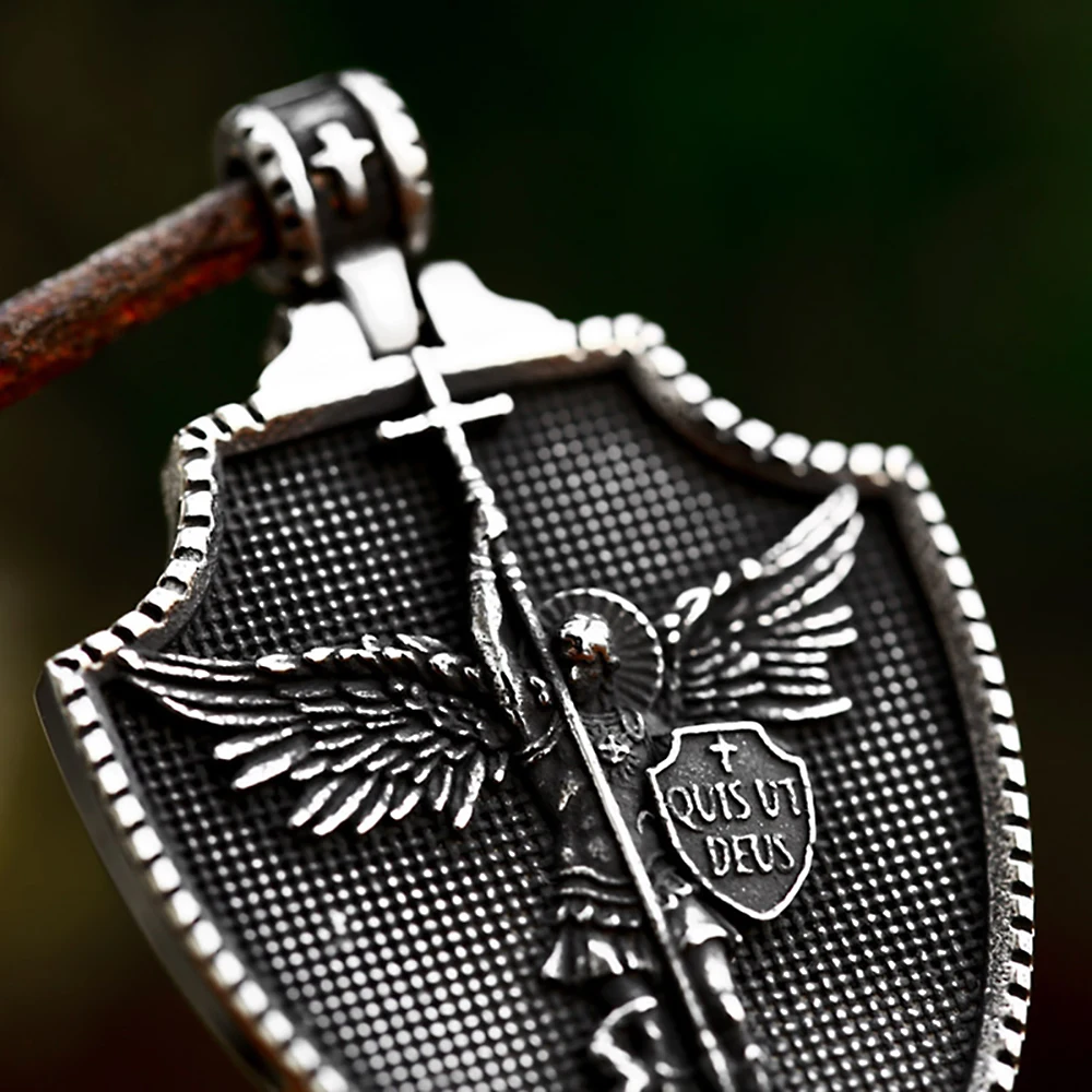 Vintage Angel St.Michael Guardian Necklaces Men's Stainless Steel Archangel Michael Slaying Dragons Pendant Religious Jewelry