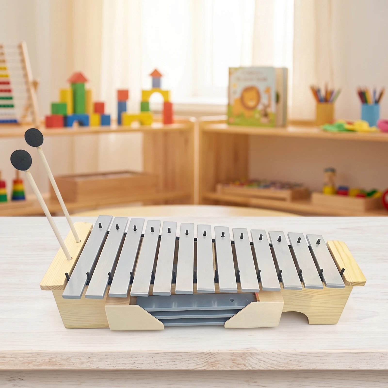 Metallophone 13-Note Glockenspiel Xylophone with Metal Plates Wooden Metal Xylophone Tabletop for Beginners, Classroom