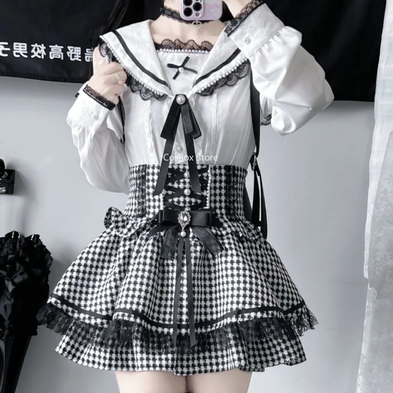 

Jirai Kei Sailor Collar Blouse with Choker High Waist Skirt Gothic Y2K Lace Long Sleeve Women Sweet Kawaii Outfit Japanese Style