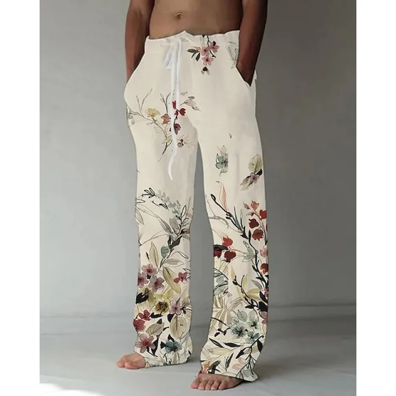 

Men's sports pants flower 3D printed casual pants drawstring straight tube beach pants street linen pants