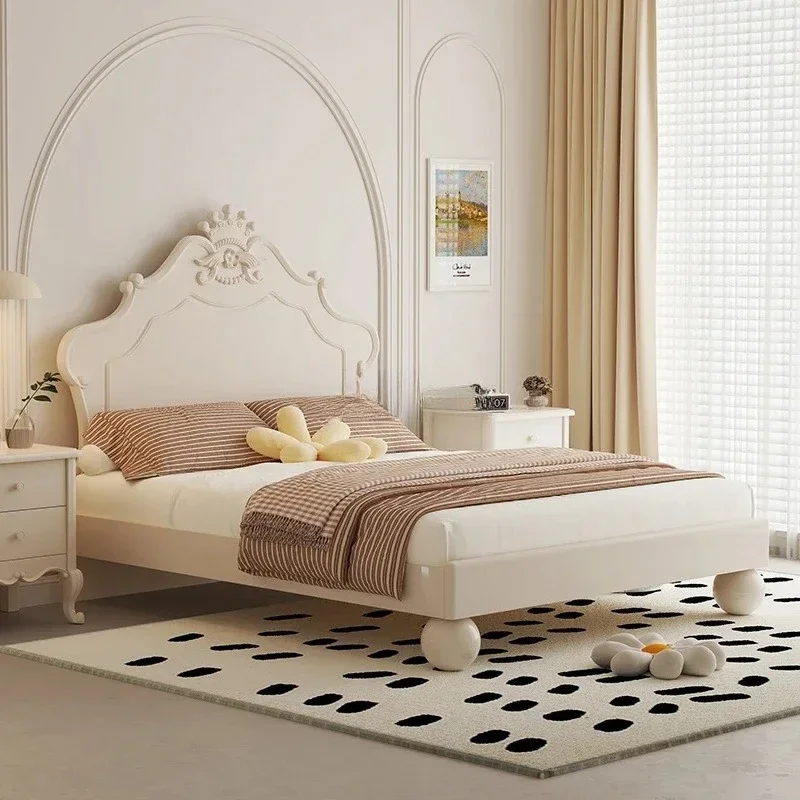 Solid wood light luxury princess bed pink with protective fence
