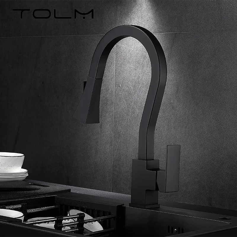 TOLM-grifo extraíble para fregadero de cocina, rociador extraíble con mezclador, color negro