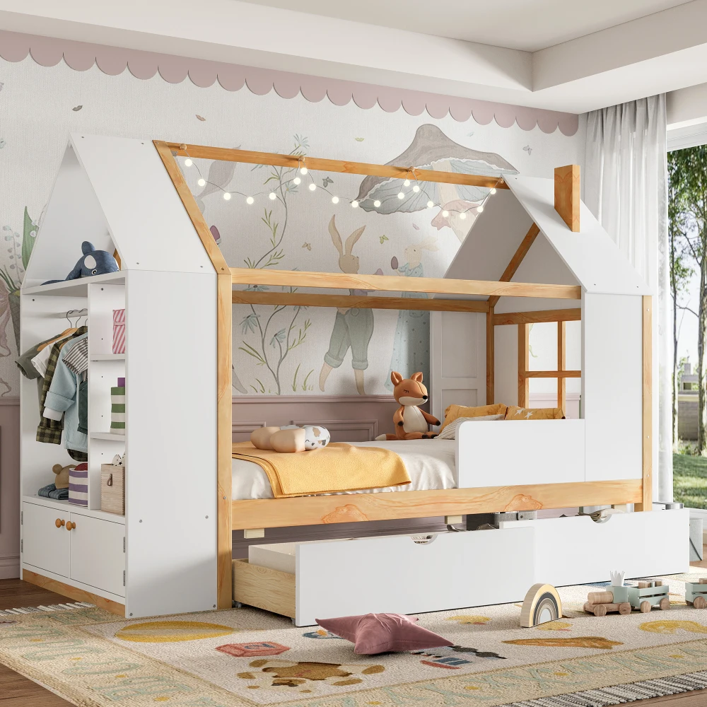 

Twin Size House Platform Bed with Drawers, Solid Wood House Bed with Shelves, Childlike Design, White & Natural