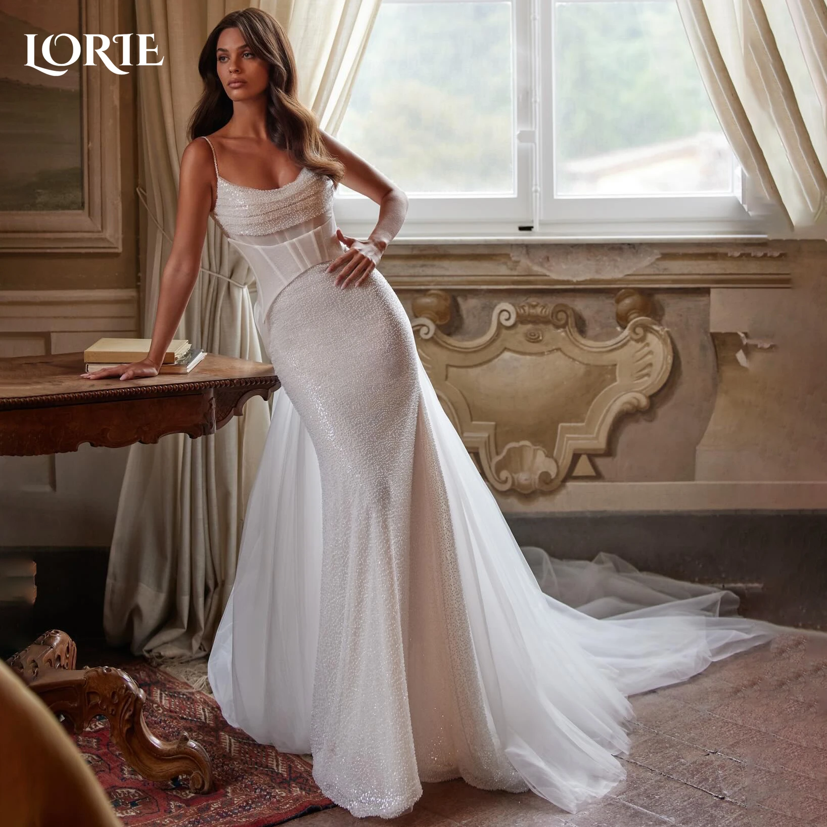 LORIE Luxury Glitter Mermaid Wedding Dresses Pleated Square Collar Spaghetti Straps Bridal Gowns Corset Sequins Bride Dress 2024