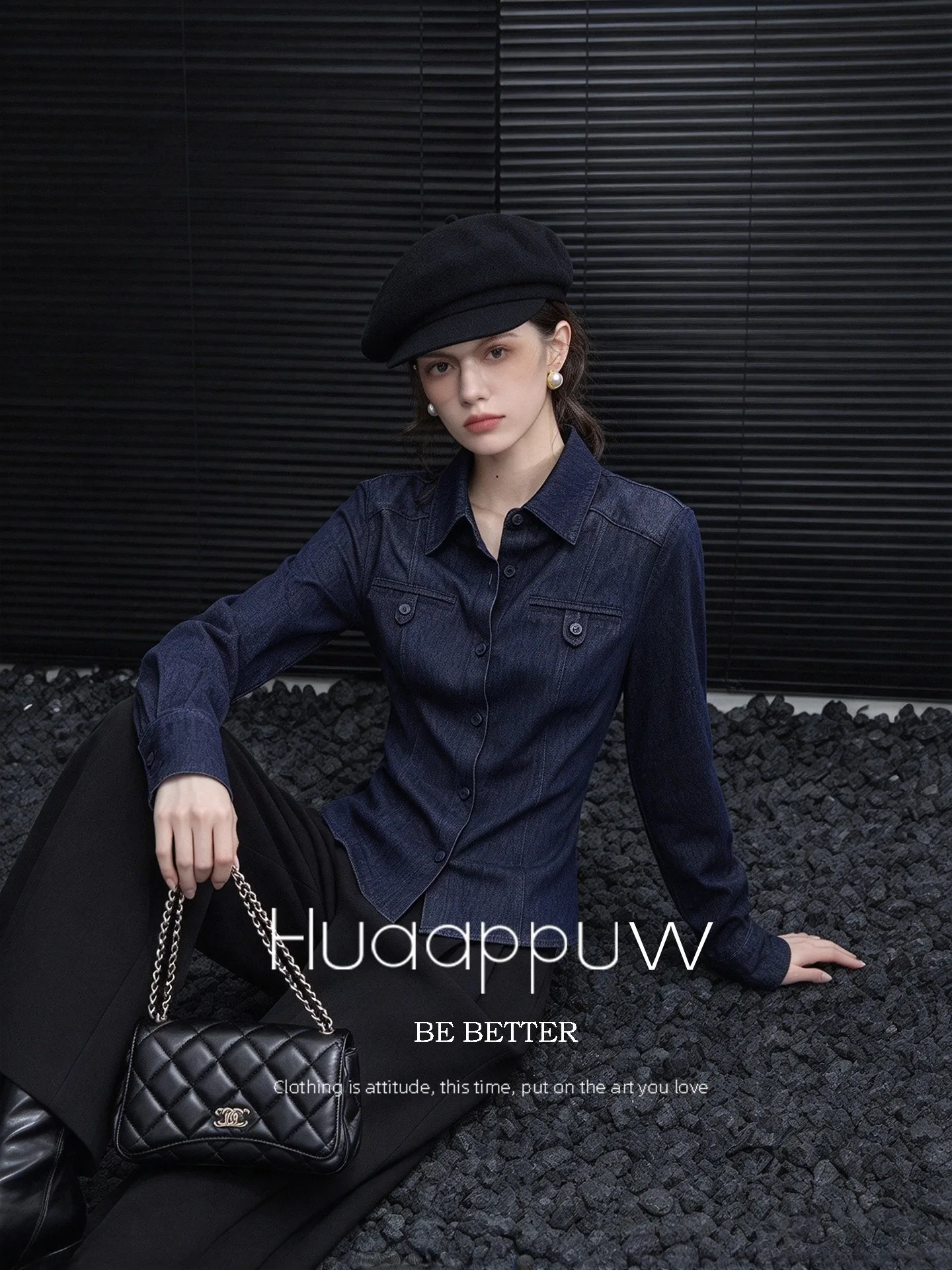 Huaappuw Vintage Indigo Shirt Stand Collar Slim Fit Autumn New Style Waist Cinching Slimming Personality Women's Shirt