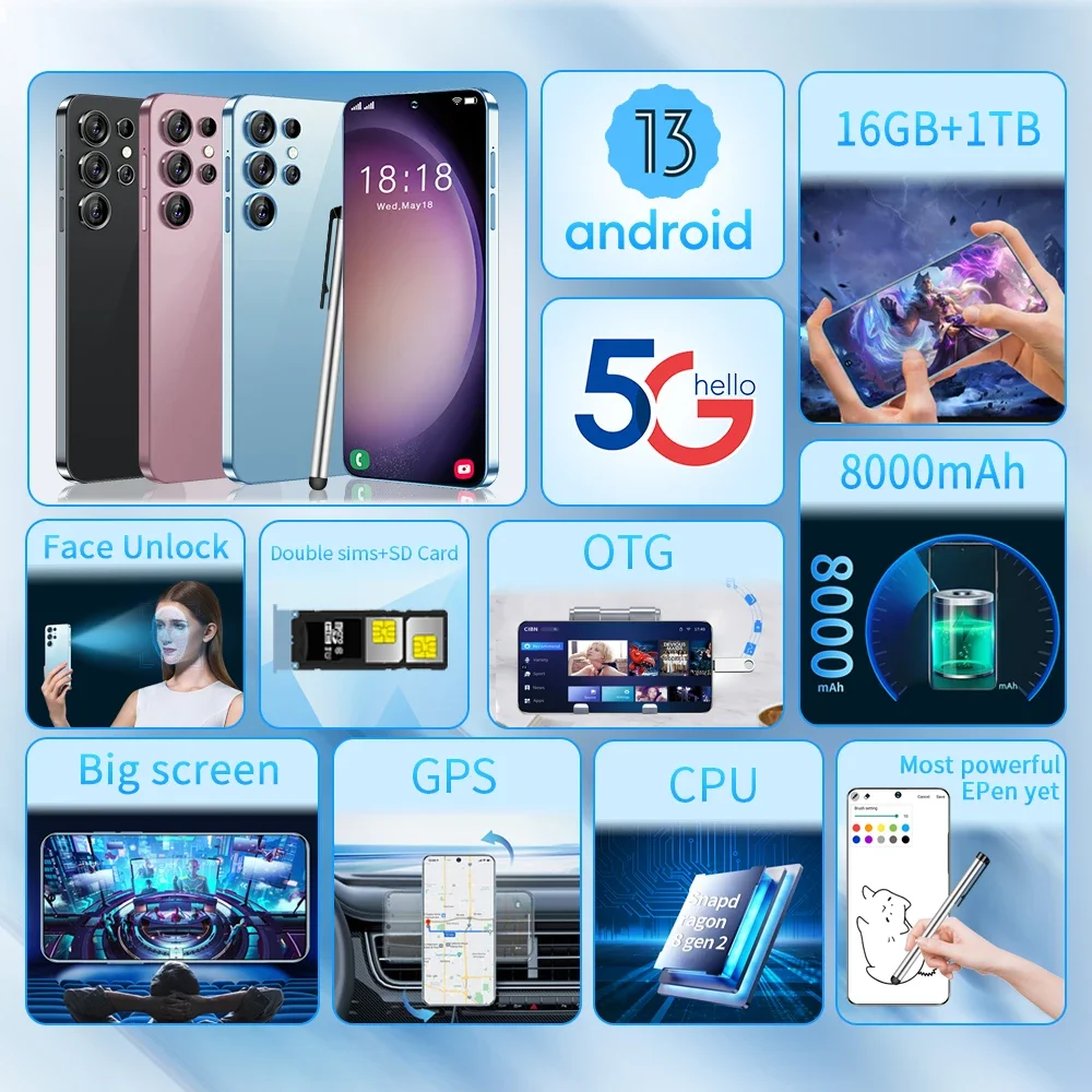 Global Version S23 Ultra 5G Smart Android Phone 7.3 Inch Screen Dual SIM Dual Standby 108MP Camera 8000mAh Google Play Phone