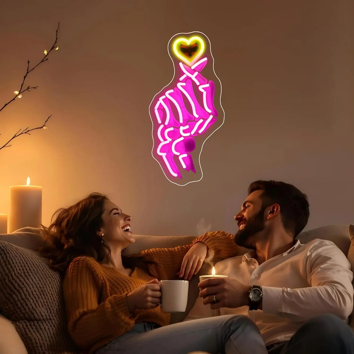 Hand Skeleton Making Green Heart LED Neon Light USB Dimmable Neon Sign for Unique Wall Art Gothic Decor Bedroom Living Room Gift
