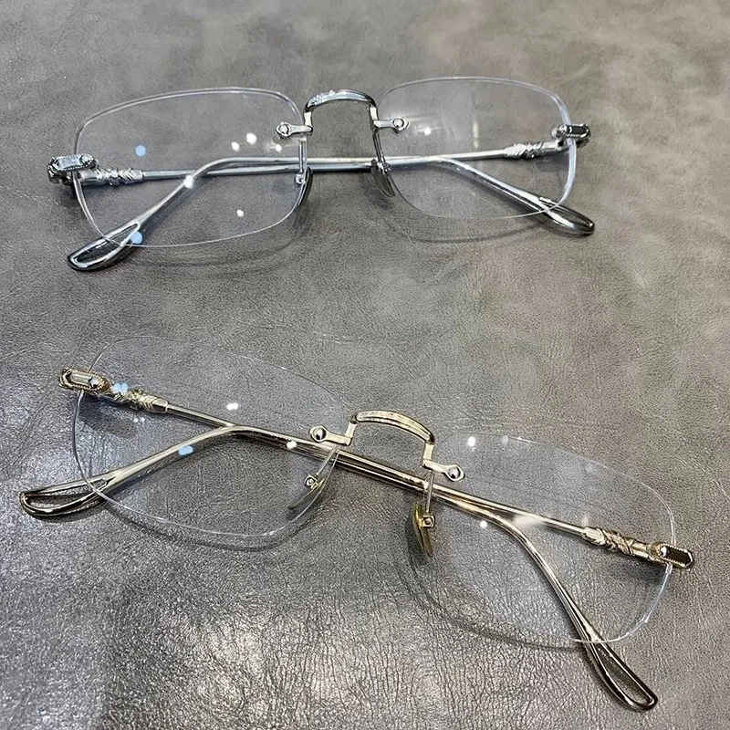 نظارات ريترو بدون إطار للنساء فضية مضادة للضوء الأزرق، نظارات شمسية مربعة صغيرة، نظارات عصرية