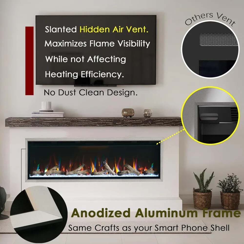 مدفأة كهربائية مقاس 72 بوصة مع إطار من الألومنيوم، تصميم فتحات تهوية مخفية، سخان مدفأة مثبت على الحائط مع ترموستات 1 #3
