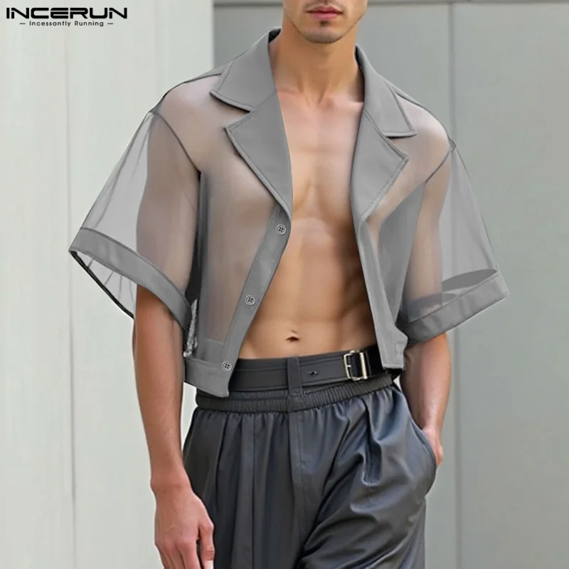 

Мужская рубашка, сетчатая лоскутная рубашка с лацканами и коротким рукавом, мужские рубашки на пуговицах, уличная прозрачная летняя модная мужская одежда, S-5XL INCERUN