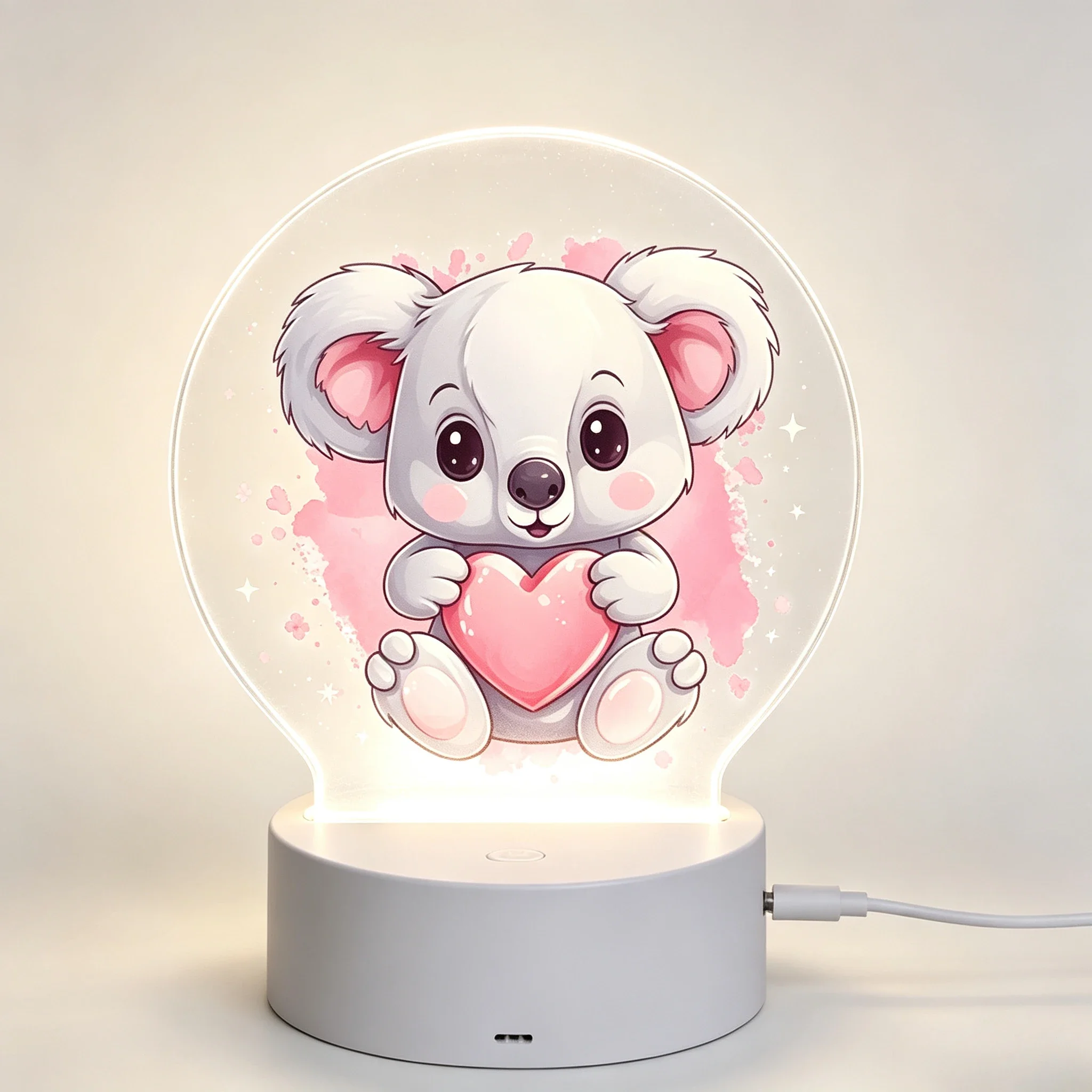 Cute Koala Holding Pink Heart Acrylic 3D Night Light Bedroom Decor Lamp