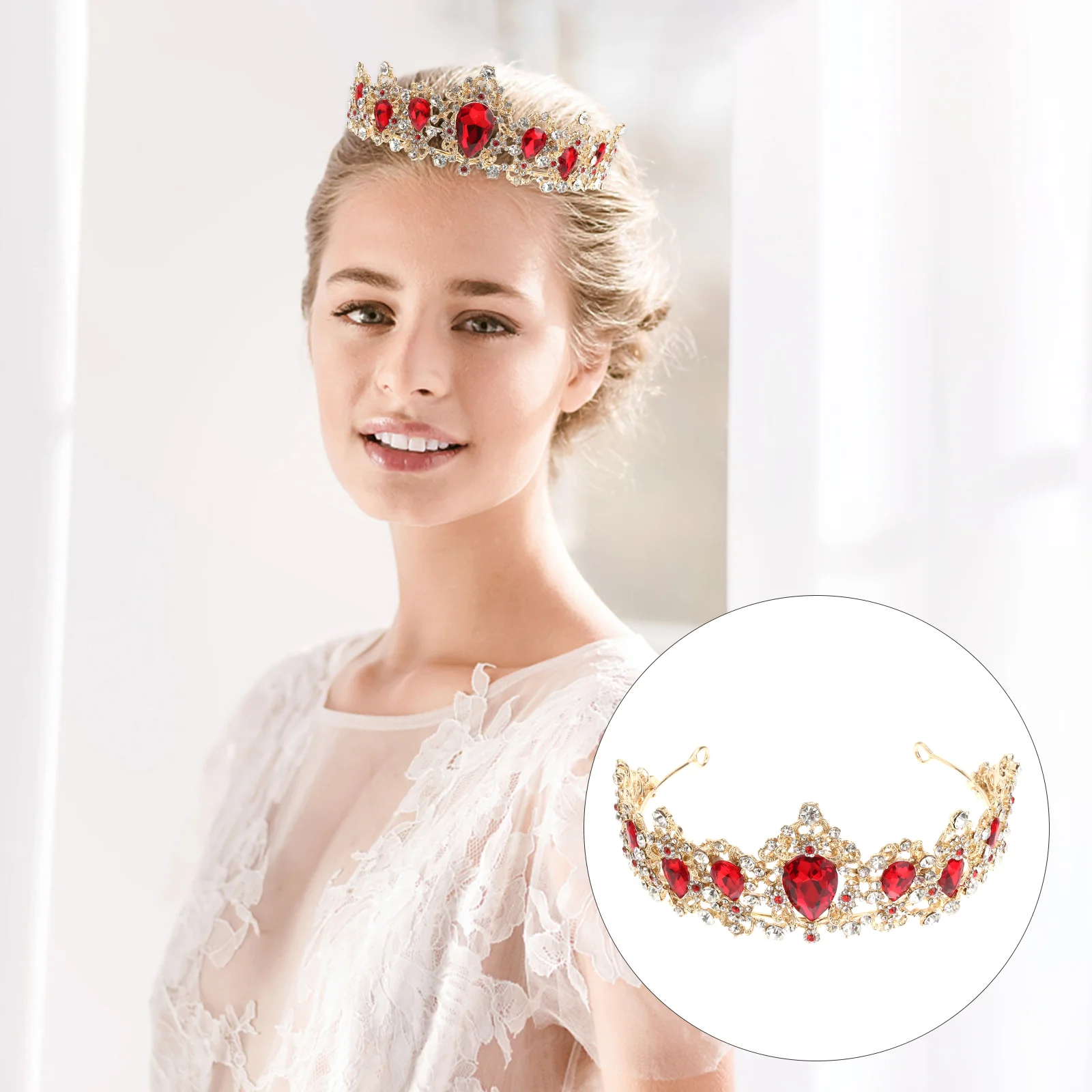 1pc Crystal Rhinestones Crown with Comb Elegant Large Crown for Party Wedding Cosplay (Red) Wedding Crown