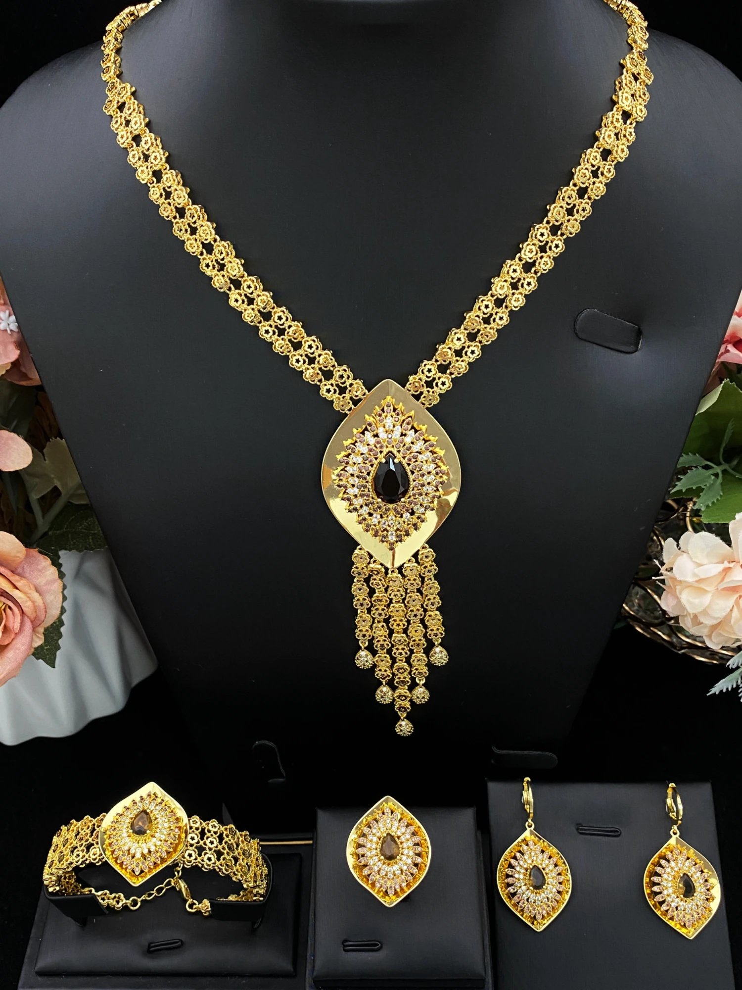 JRH Luxury Madam Evening Zircon Jewelry Set Gold Plated Brass 4-Piece Party Necklace Earrings Bracelet Ring