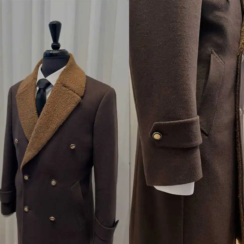 

Vintage Men's Double Breasted Wool Trench Coat Peaked Lapel Long Overcoat Warm Winter Outerwear Customized One Piece