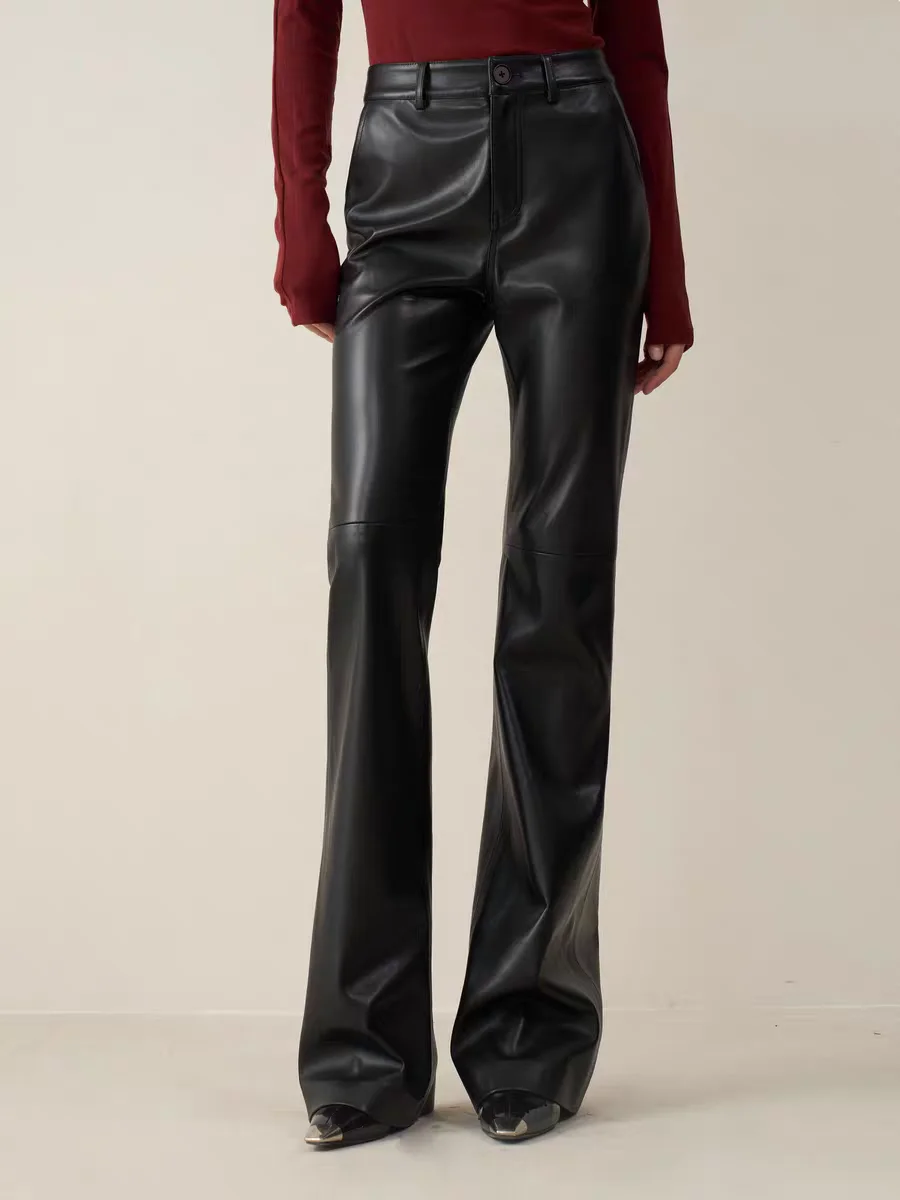 

High Waist Slimming Real Leather Pants Casual Sle Women's Faionable Commute Wind Long Trousers Soft Comfortable Straight Leg
