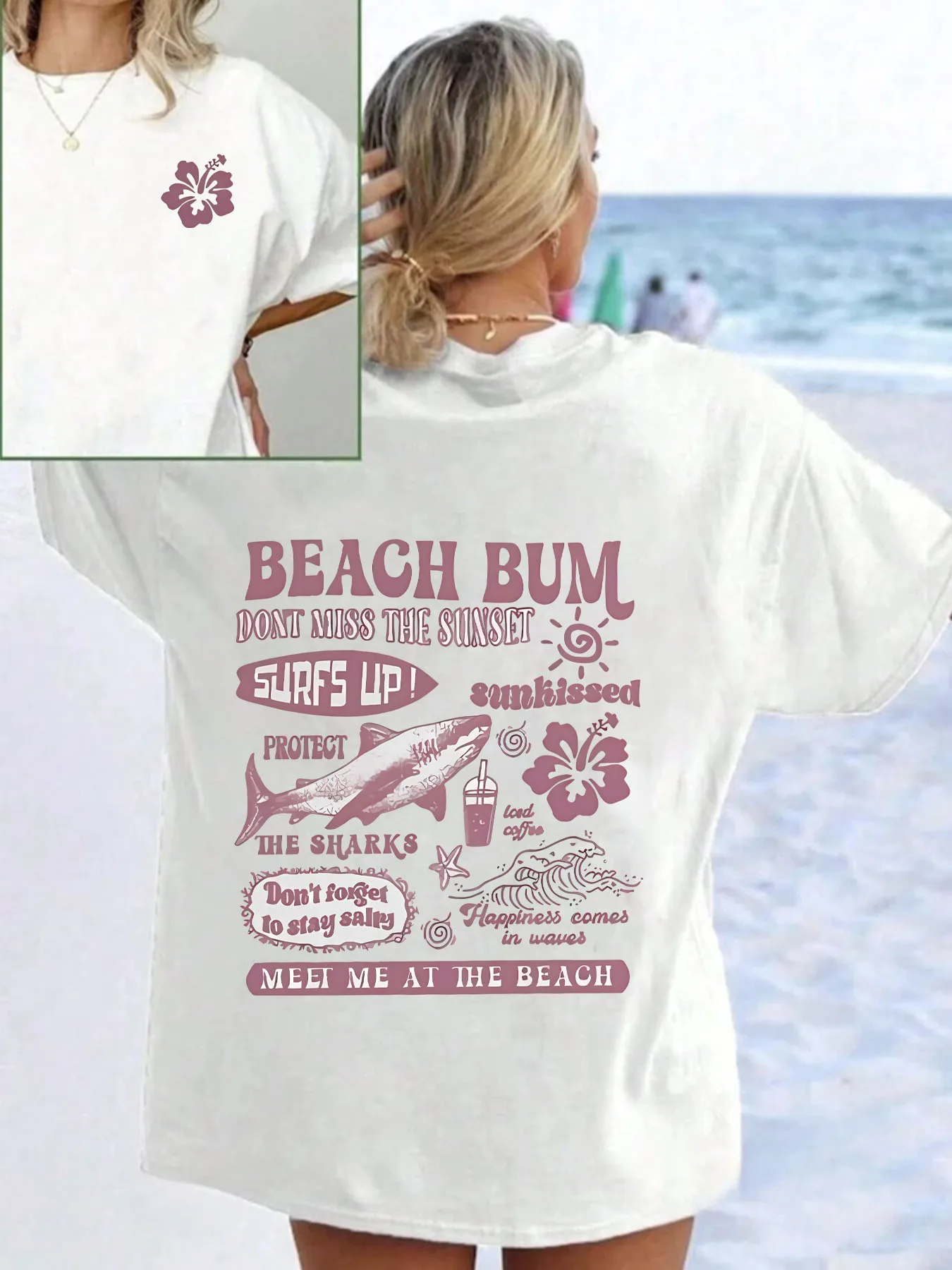 

Shark wave Plus size women's round neck short sleeve T-shirt with elastic half sleeves and trendy prints