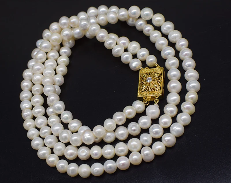 WOW! 3rows  freshwater pearl white near round 7-8mm  necklace 19-21inch nature  wholesale FPPJ