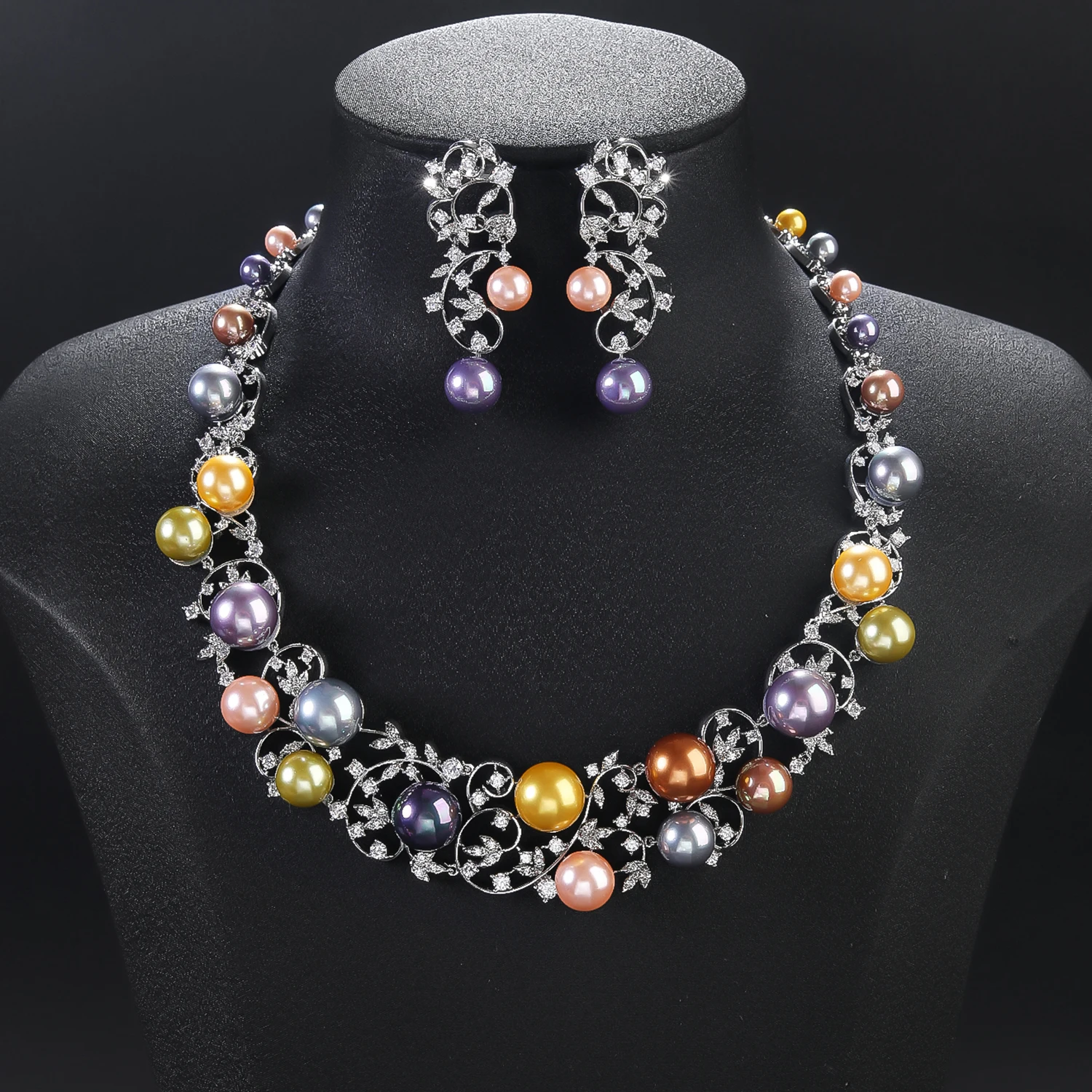 

Luxury Cubic Zirconia Colors Pearl Flower Necklace Earrings Jewelry Sets Bridal Wedding Accessories CN11354