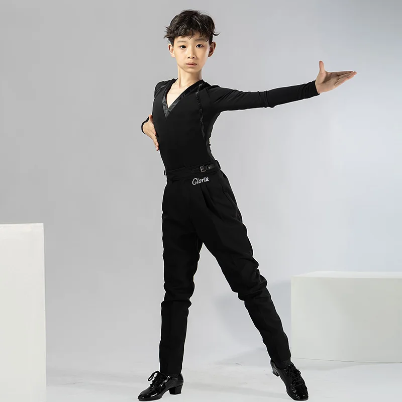 Boys Latin Dance Clothes Children\'s New Silk V-neck Set Dance Costume Latin Dance Split Professional Competition Suit XH14