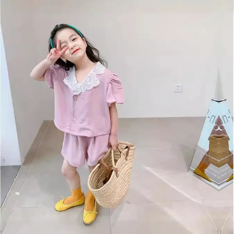 

2025Summer New French Lace Trim for GirlsVPuff Sleeve Blouse+Baby Shorts Two-Piece Set