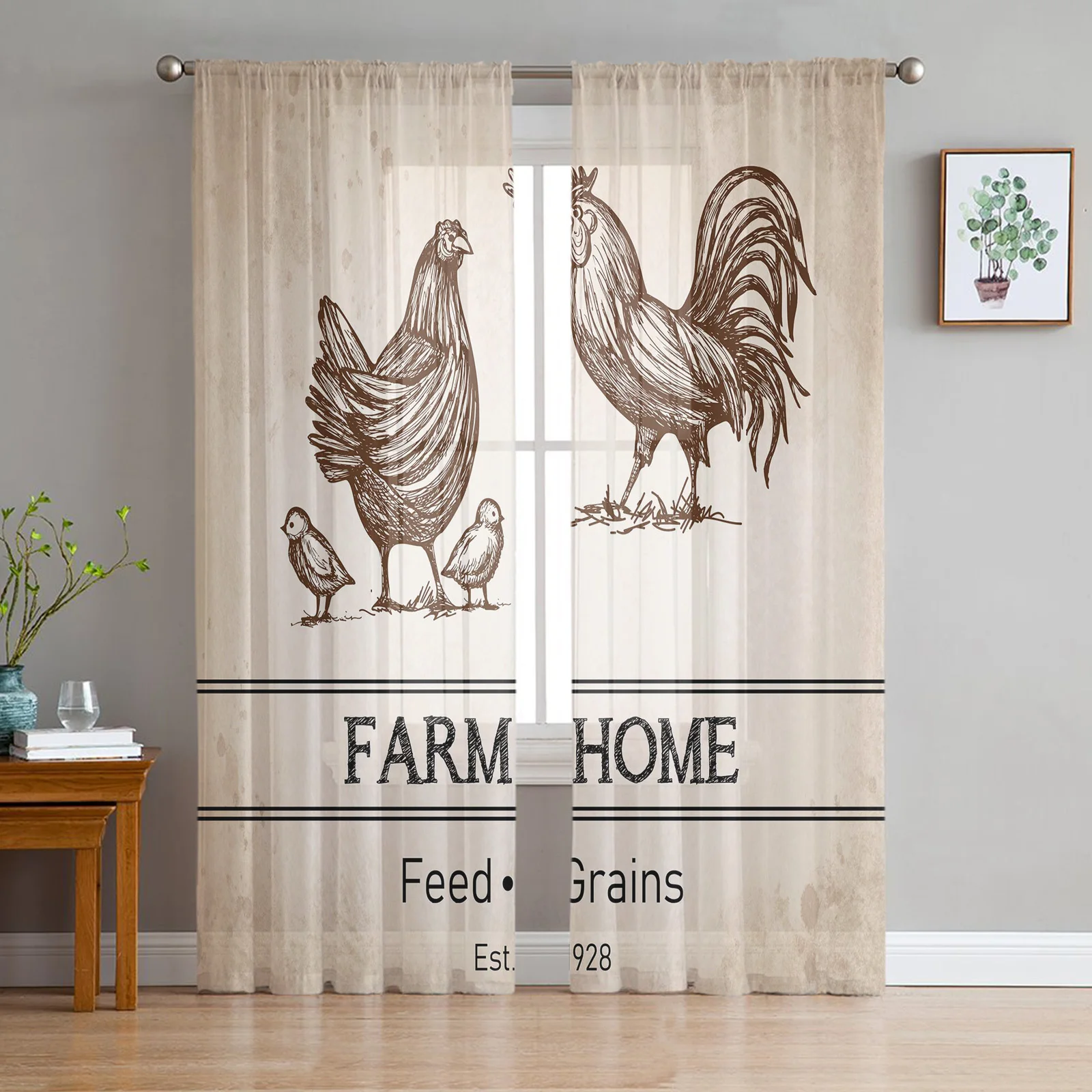 

Farm Animal Chicken Family Retro Tulle Voile Curtains For Bedroom Window Curtain For Living Room Sheer Curtains Organza Drapes