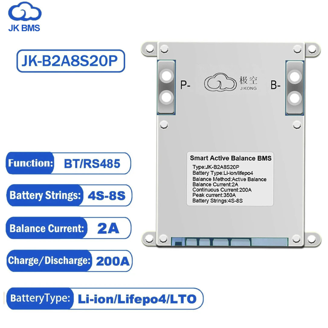 JK SMART BMS 200A JK-B2A8S20P 4S Lifepo4 Battery 8S 24V 12V 2A Active Balance Bluetooth RS485 BT Li-ion LTO Energy Home Inverter