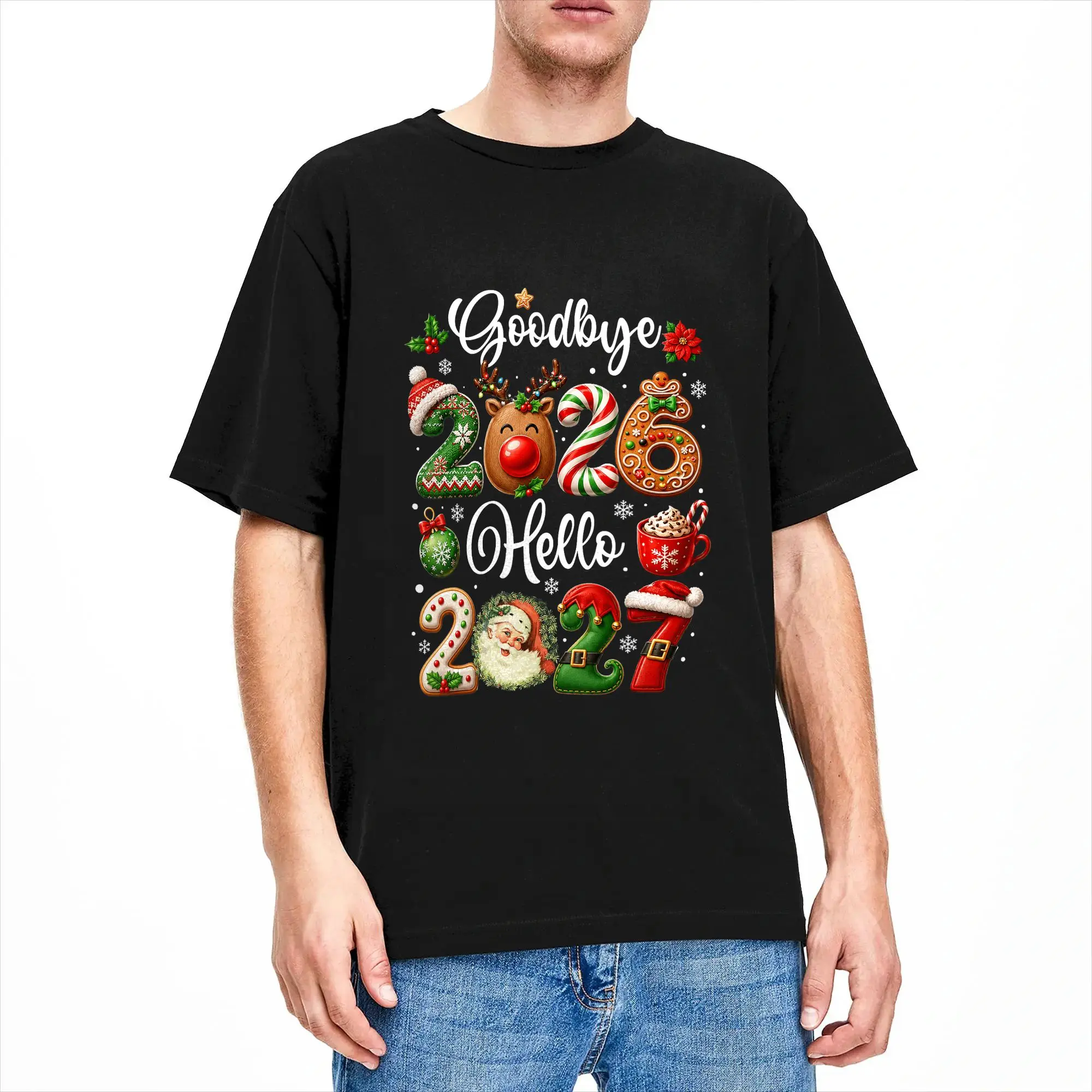Goodbye 2026 Hello 2027 Festive Christmas Happy New Year T Shirt Summer Pure Cotton T-Shirts For Adult Harajuku Casual Tee Shirt