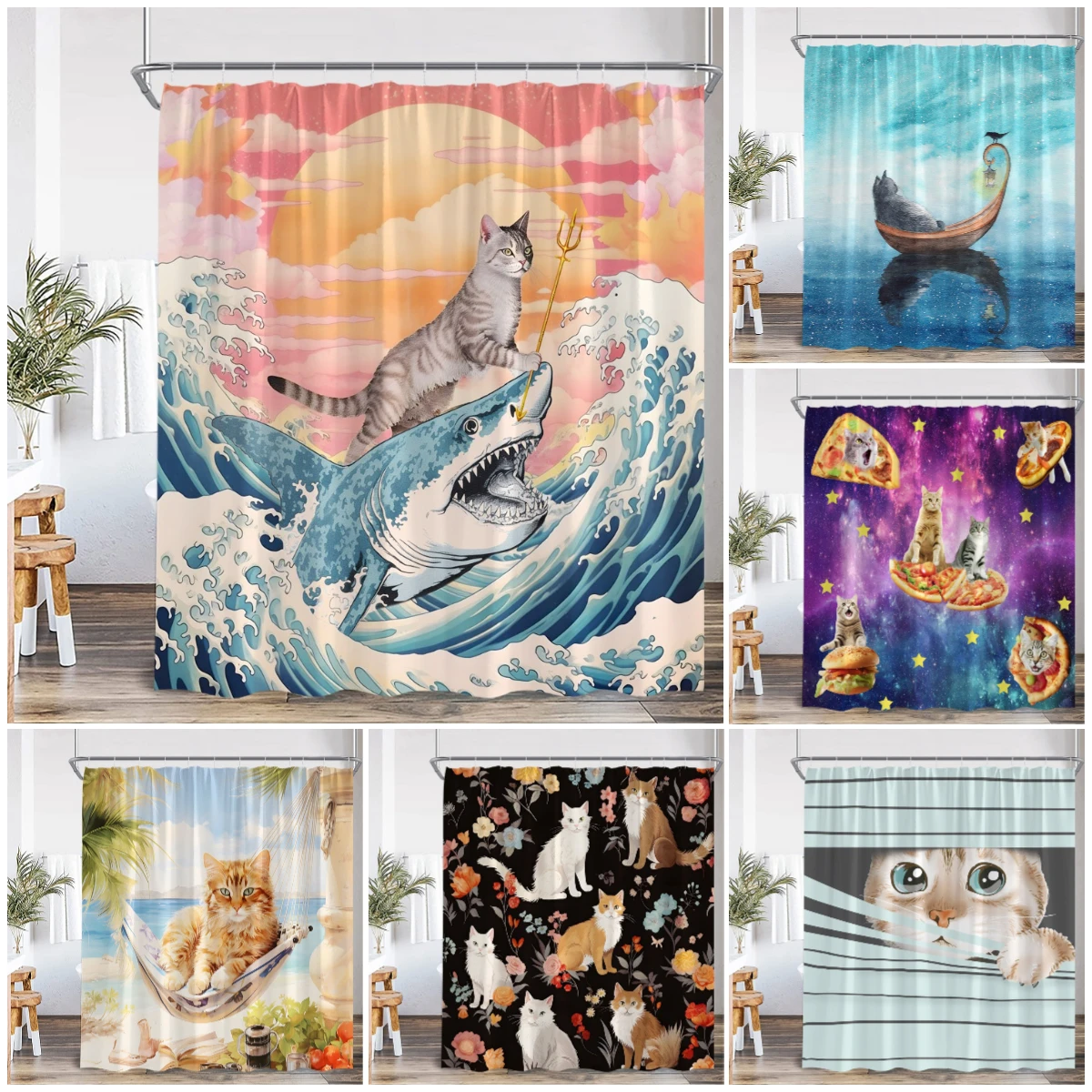 Funny Cat Shower Curtain Cat Riding Shark Dinosaur Flower Floral Polyester Bathtub Curtain Space Planet Bathroom Decor with Hook