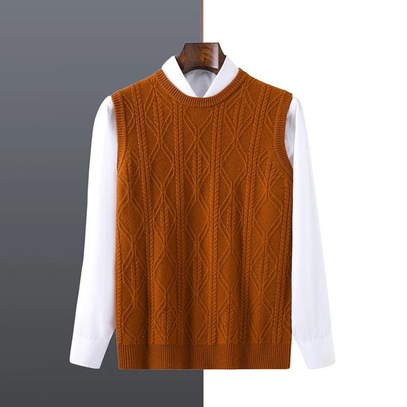 Men's O-neck Knitted Sleeveless Head Vest Sweater New Arrival Autumn and Winter 100% Pure Wool Casual Fashion Tank Pullover Top