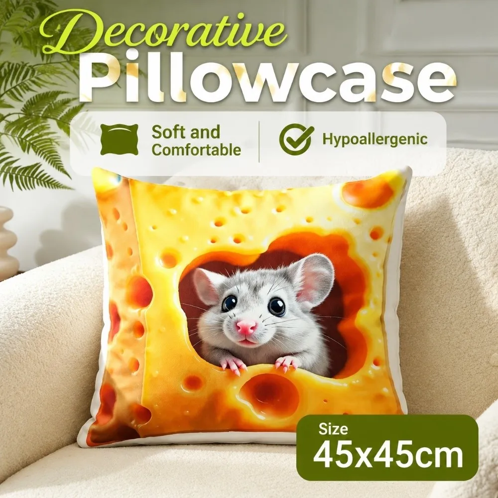 2D Cheese Shaped Sofa Cushion Cover Whimsical Decorative Mouse in Cheese Pillowcase Dog Alpaca Throw Pillow Cover Dormitory