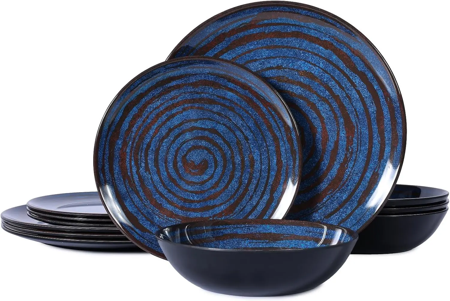 

Melamine Dinnerware Set, 12-Piece Plates and Bowls Set, Blue Threaded Plastic Dishes Set, Service for 4, BPA-Free, Dishwasher Sa