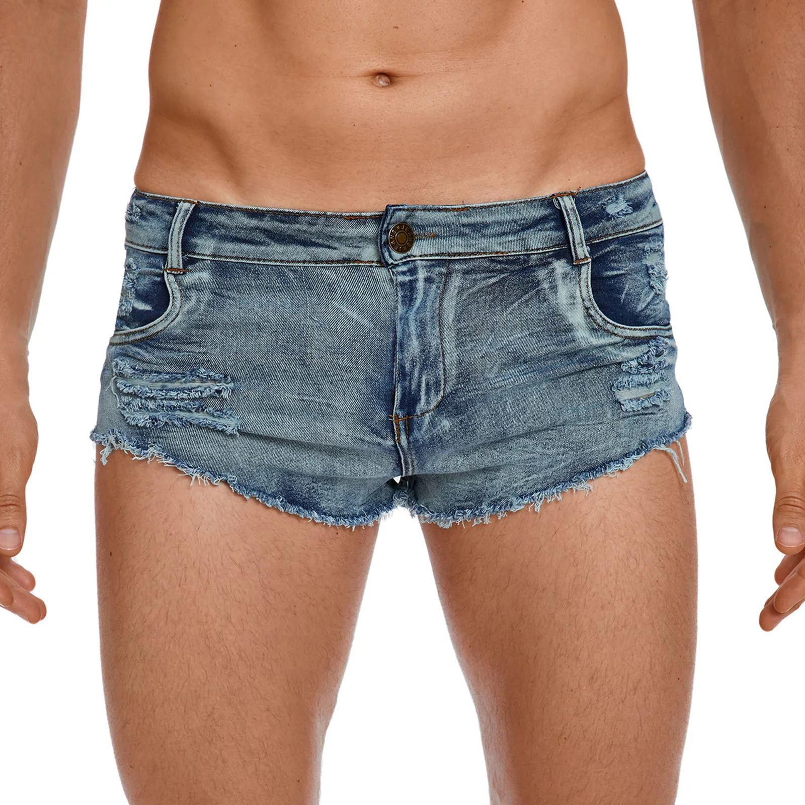 

Mens Denim Boxer Shorts Stylish Ripped Bottoms with Pockets Low Rise Raw Trim Distressed Mini Shorts Hot Pants for Rave Party