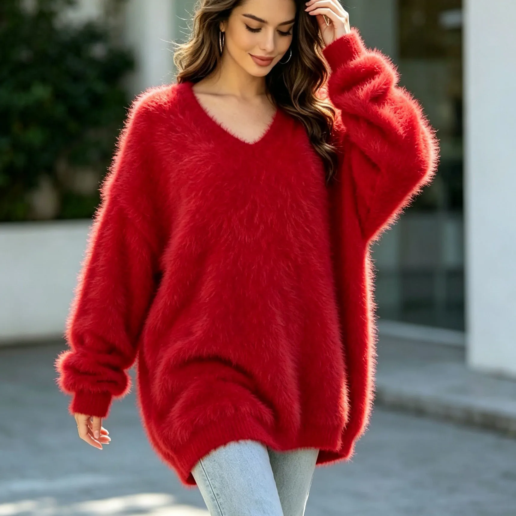 Women Mujer Autumn Winter Fashion Hairy Mink Cashmere Knitted V-Neck Medium Long Sweater Jumper Angora Fur Pullover Pull Tops