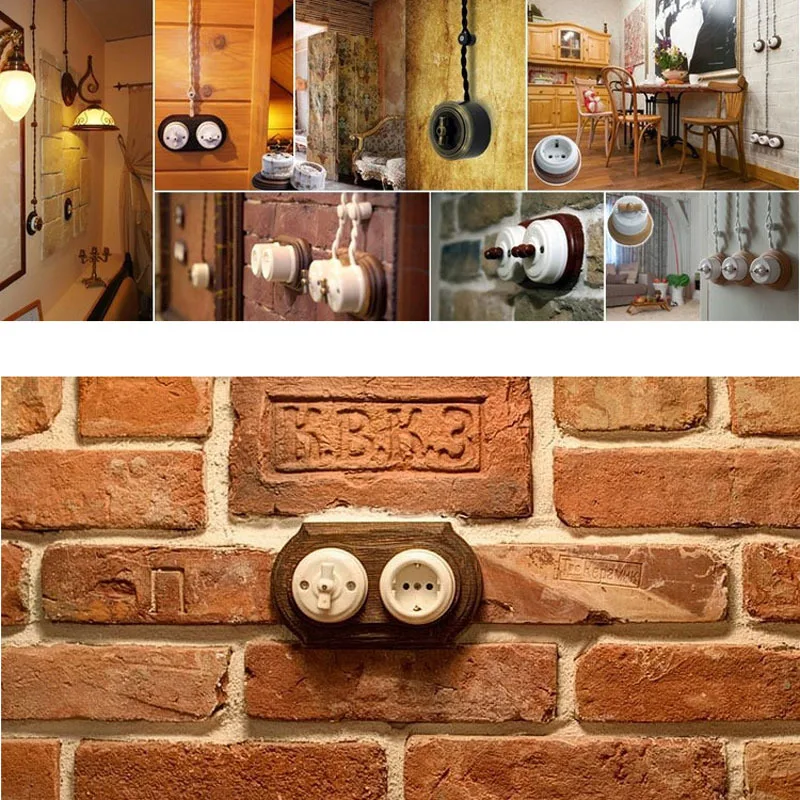 Vintage porcelain light switch with wooden base 240V 10A retro wall switch suitable for EU standard home decoration