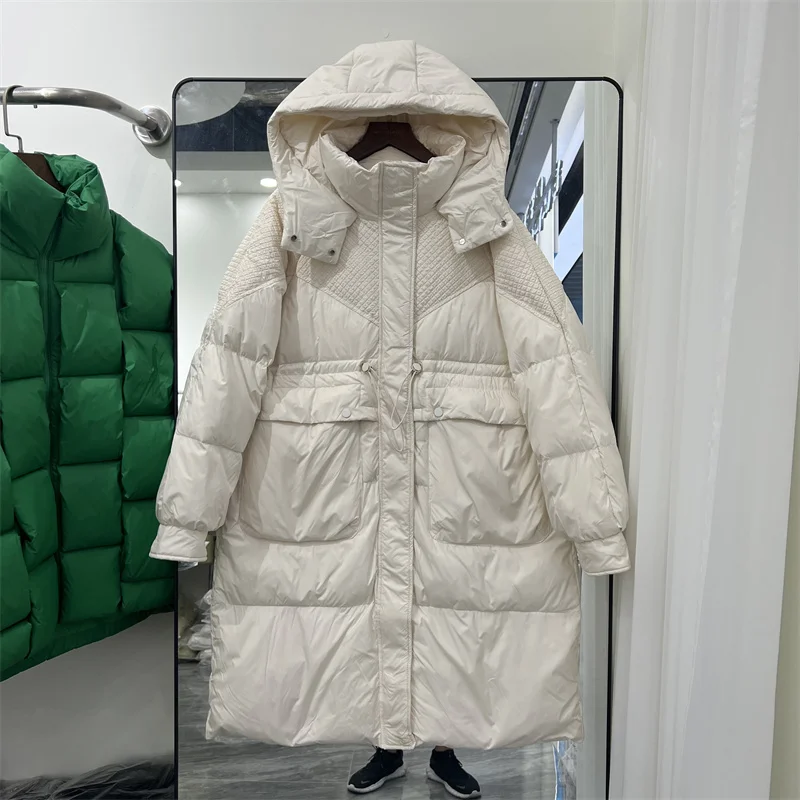 

Women 2023 Winter Fashion Long 90% White Duck Down Coats Female Zipper Hooded Outwear Ladies Solid Color Loose Down Jackets