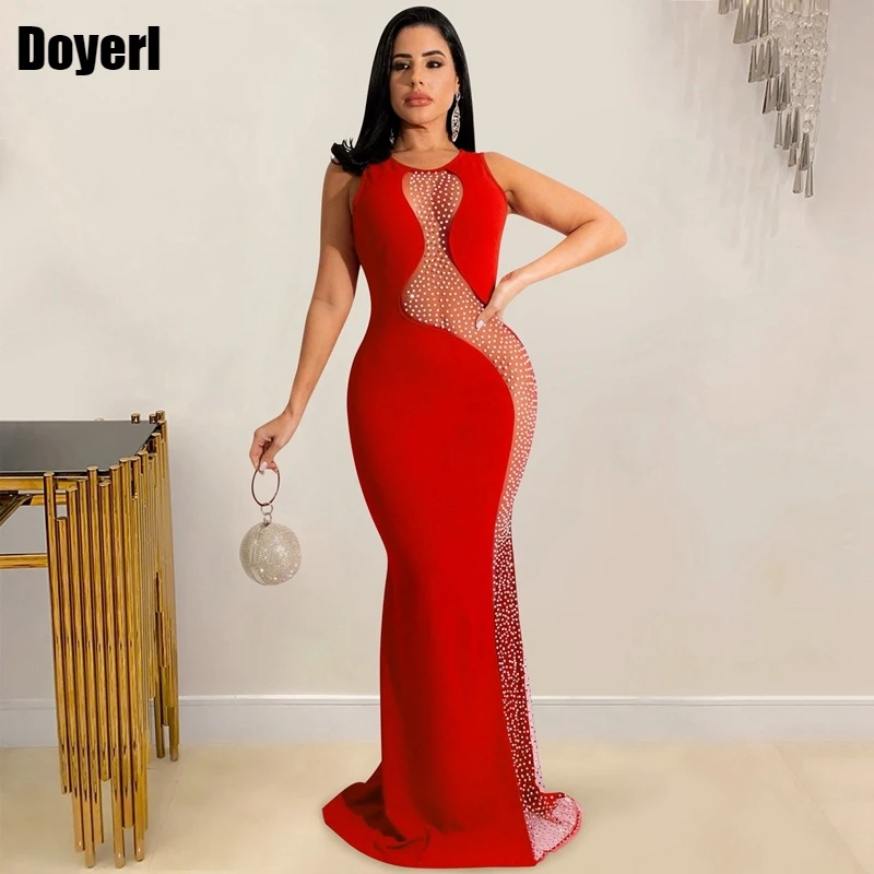 Przezroczysta siateczka Patchwork świecący Rhinestone Bodycon Maxi sukienka kobiety elegancka czerwona Backless ślubna noc klub długa seksowna sukienka